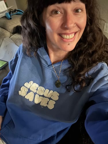 Customer photo review of Jesus Saves Patchwork Hoodie