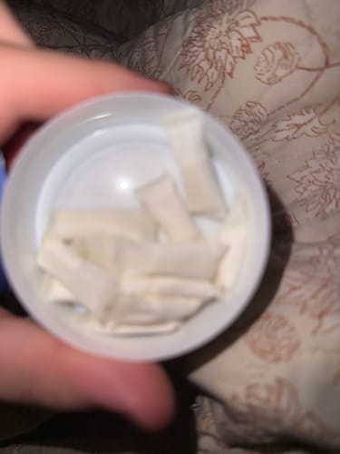 Close-up: A customer holding the open container showing several Chilled Mint Nicotine Pouches inside.