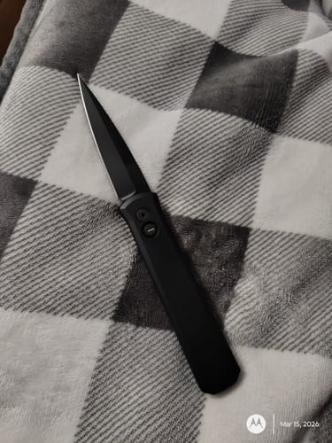 Customer photo review of Pro-Tech Godfather Operator Automatic Knife – Solid Black Handle, Sterile Black 154CM Blade, Tritium Push Button, 4″ – Made in USA (921 OPERATOR)