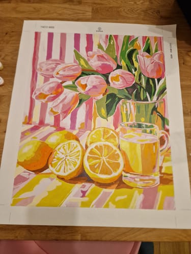 Customer's completed Juicy tulips Paint by Number canvas showing colorful tulips and bright lemons.