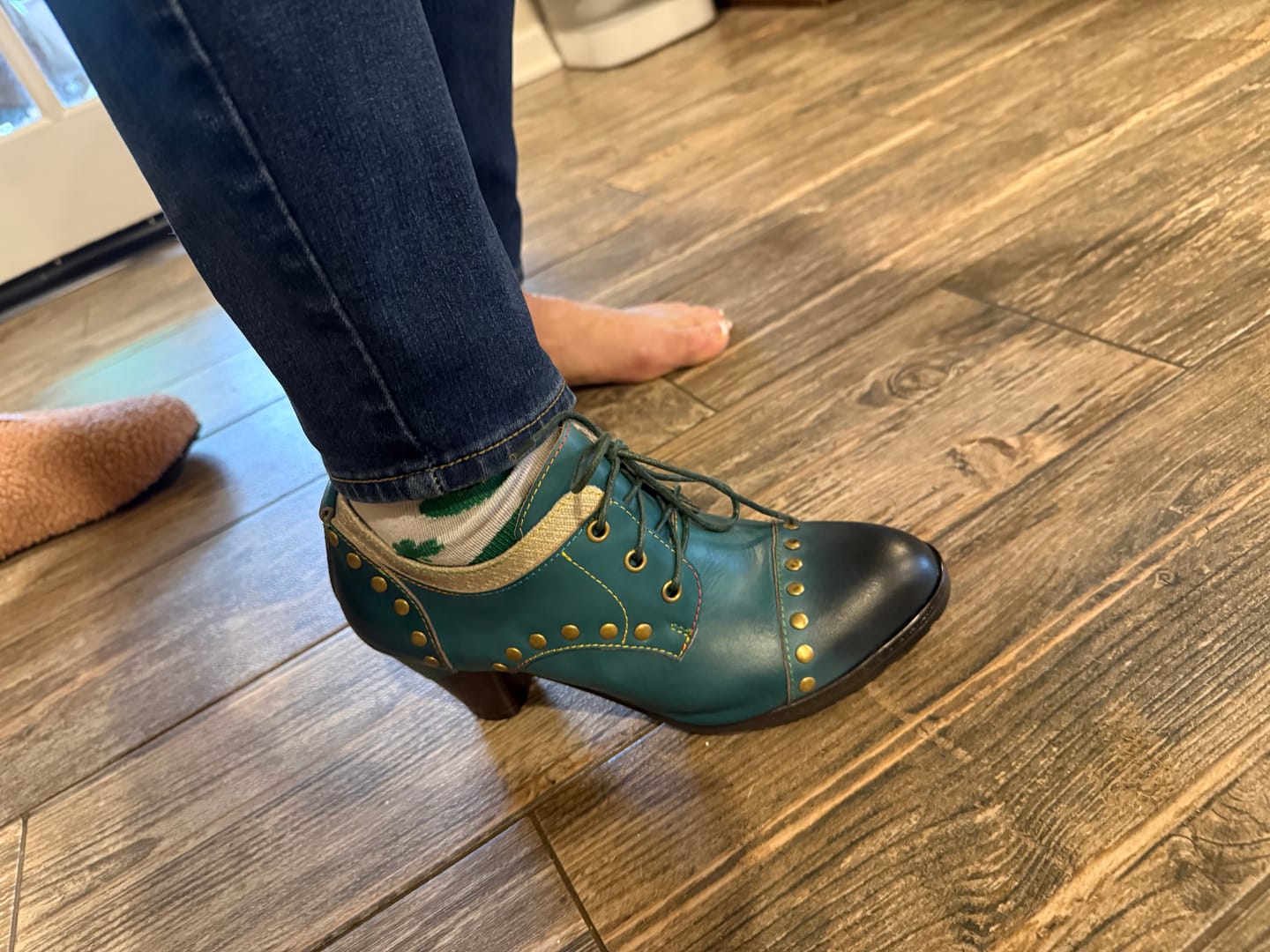 Customer photo review of Vintage Teal Studded Oxford Heels