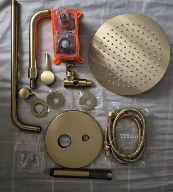 Customer photo review of Odense - Two-Way rushed Gold Shower Faucet Wall Mounted Big Rainfall Head Hand Sprayer Bathtub Mixer Set