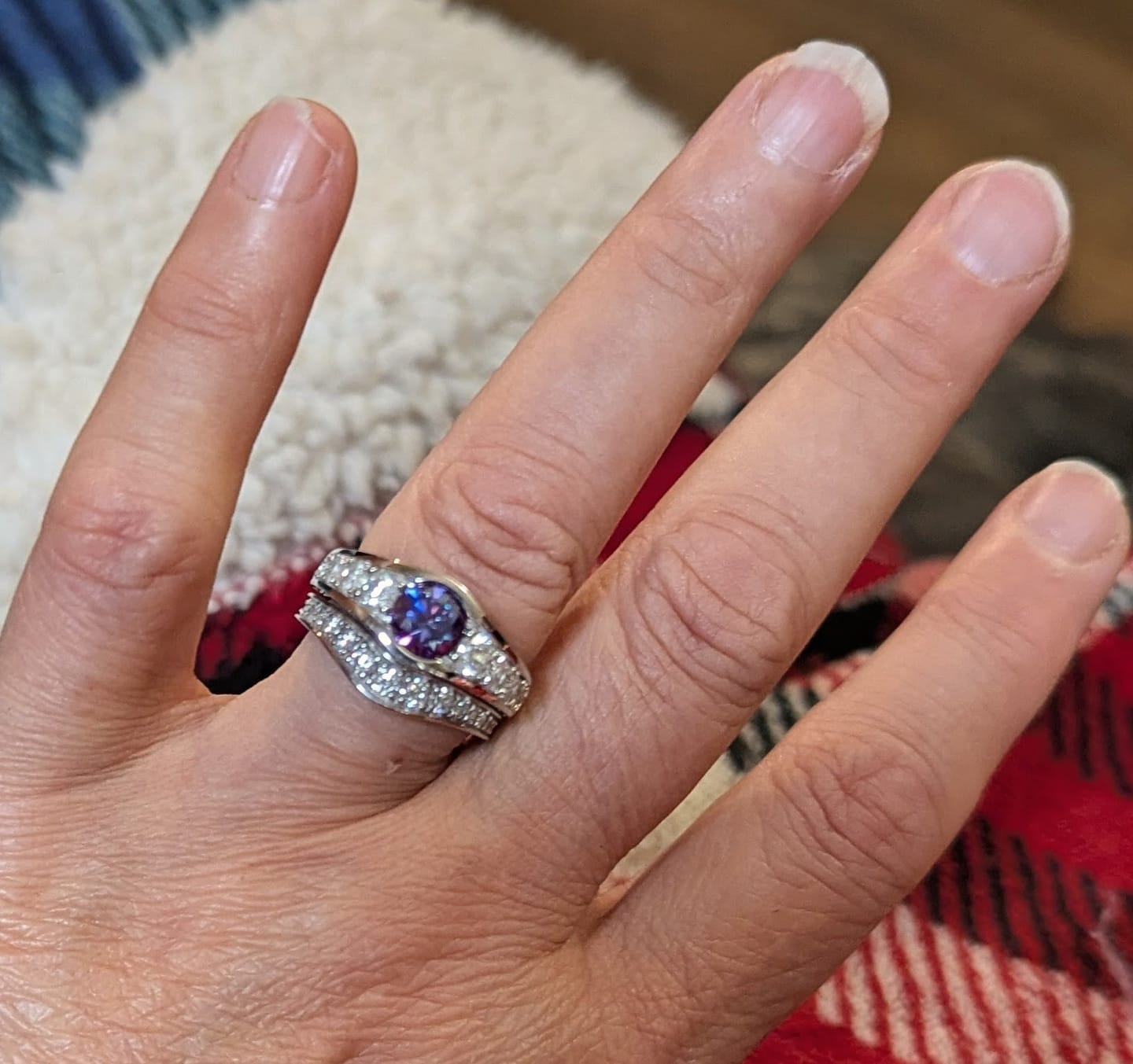 Customer photo review of Bezel Colored Moissanite Channel Euro Shank Pave Engagement Ring