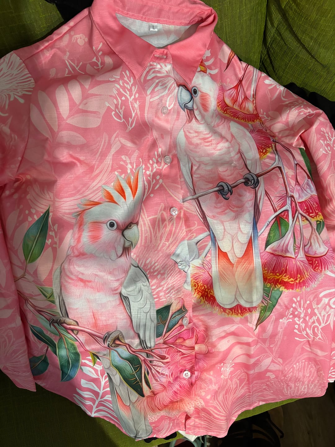 Customer photo review of Personalised Galah Cockatoo Eucalyptus Flowers Women Casual Shirt Australian Breast Cancer Spirit LT9