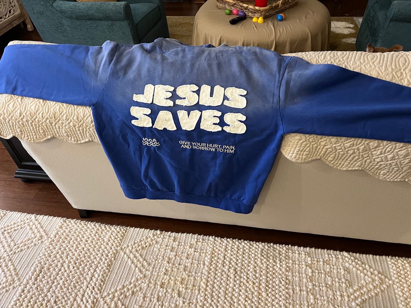 Customer photo review of Jesus Saves Patchwork Hoodie