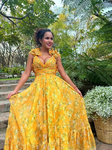 Customer photo review of Delicate Garden Chiffon Floral Print Tiered Ruffle Cutout Back Lace-up Gown Maxi Dress