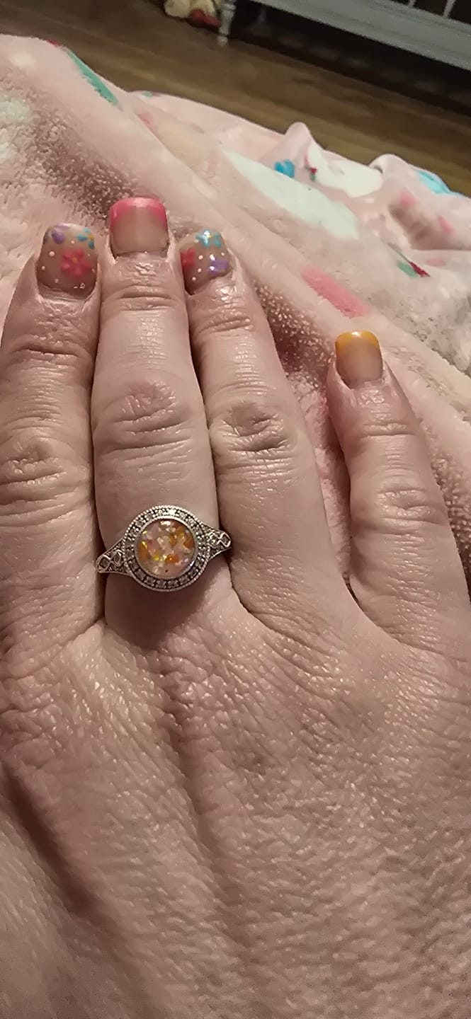 Customer photo review of Bedazzled Filigree Circle Opal Cremation Ring