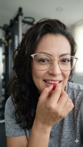Reseñadora sonriente probando una de las Gomas con Omega 3 rojas.
