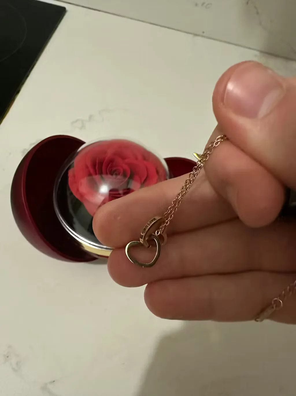 Customer photo review of Dárková krabička s věčnou růží – gravírovaný náhrdelník se dvěma srdci