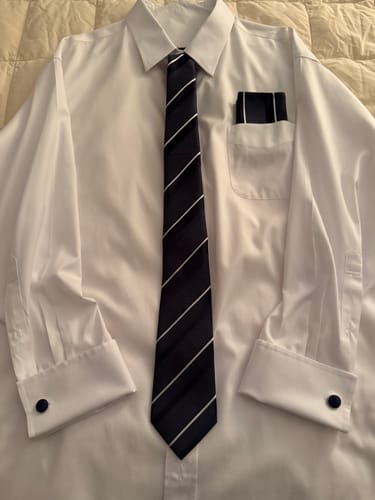 Customer photo review of Deep Blue White Striped Necktie Pocket Square Cufflinks Set