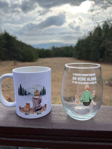 Customer photo review of No survival without wine and pets -  Personalized Wine Glass