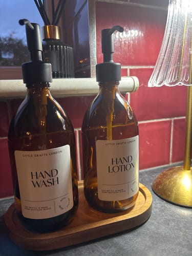 Customer photo review of Set of 2 Amber Glass Bottle 500 ML with Metal Pump & Small Tray