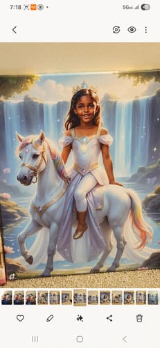 Customer's 'The Enchanted Unicorn Princess' art showing a young princess on a white unicorn by a waterfall.