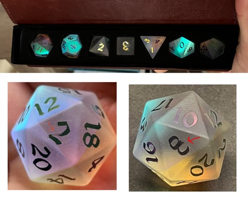 Customer photo review of Gemstone (Inked) Raised Dichroic Glass DND Dice Set