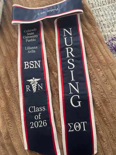 Customer photo review of Quick CUSTOM Order 4.5" Sewn Satin Graduation Stole