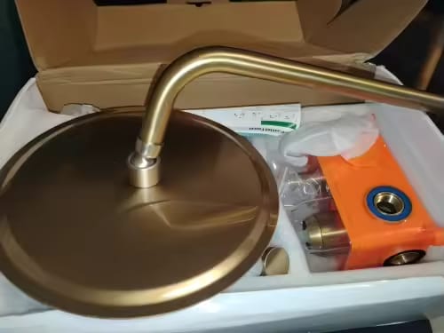 Customer photo review of Odense - Two-Way rushed Gold Shower Faucet Wall Mounted Big Rainfall Head Hand Sprayer Bathtub Mixer Set