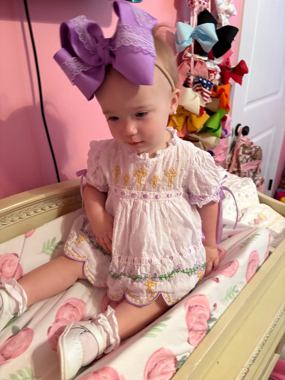 Customer photo review of Lavender Swiss Dot Cross Diaper Set