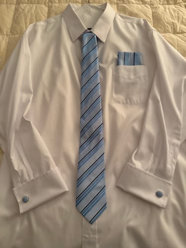 Customer photo review of Ties2you Striped Tie Light Blue Silk Men's Tie Pocket Square Cufflinks Set