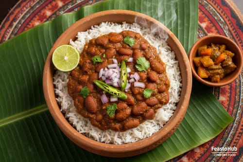 Customer's overhead view of a steaming bowl of kidney bean curry on rice, garnished with onion and chili.