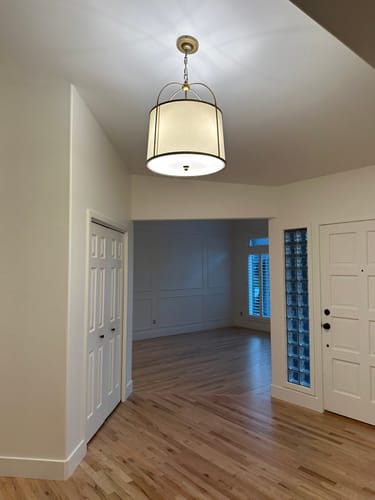 Customer photo review of 4-Light Distressed Gold White Linen Drum Lantern Pendant