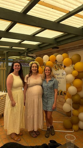 Customer photo review of Lila Baby Shower Maternity Dress in Nude Pink