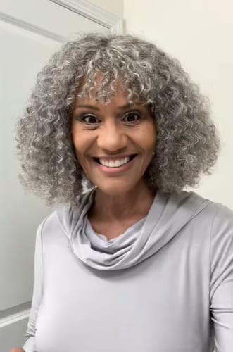 Customer photo review of Luvwin Salt And Pepper Defined Curls Wig With Bangs
