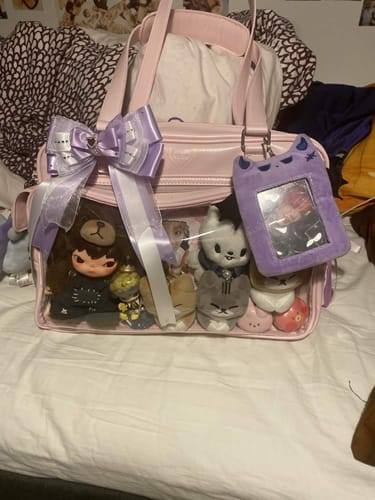 Customer's pink COKO STAGE BAG with its clear front pocket filled with many plush toys and a purple bow.