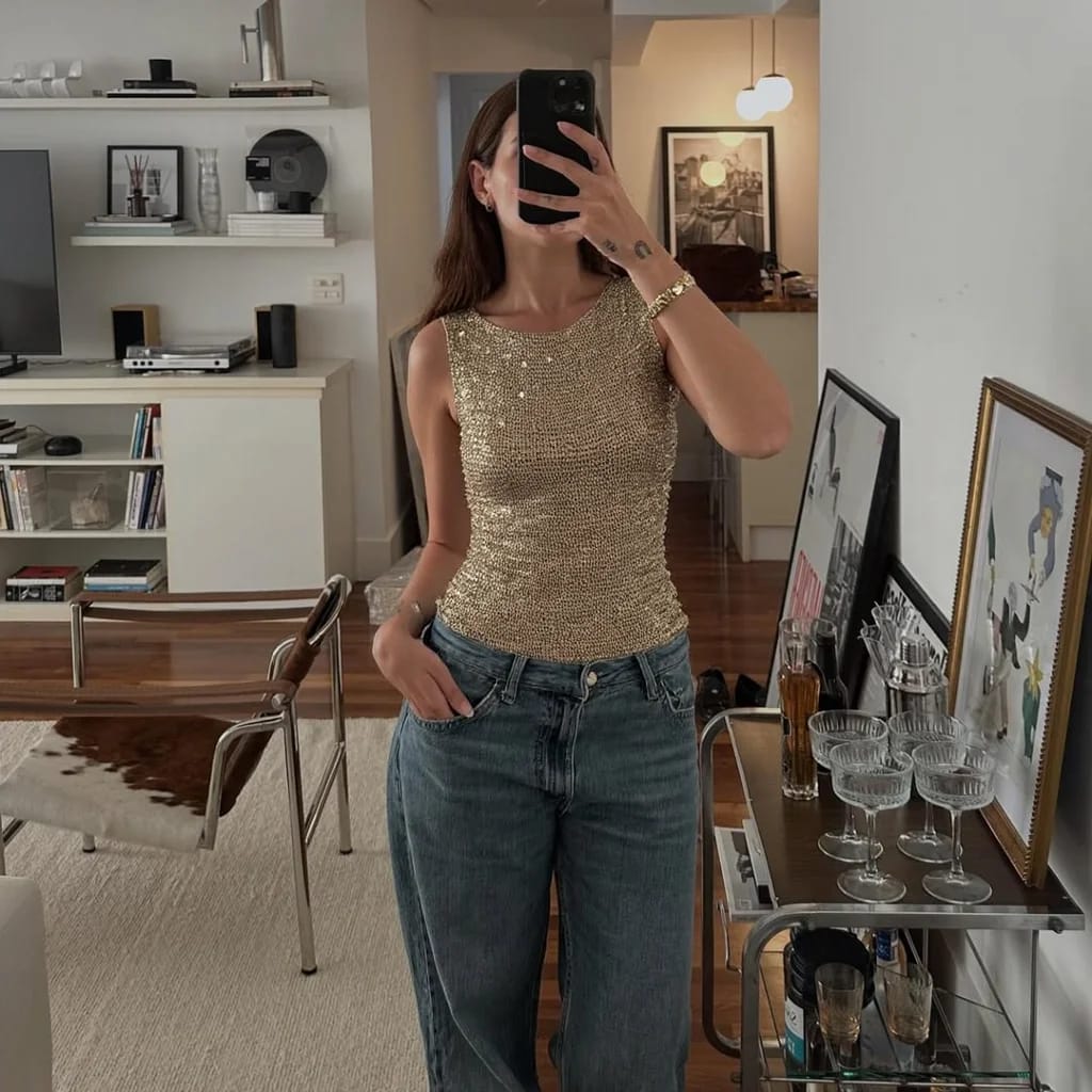 Customer photo review of Ria Sequin Crochet Tank Top