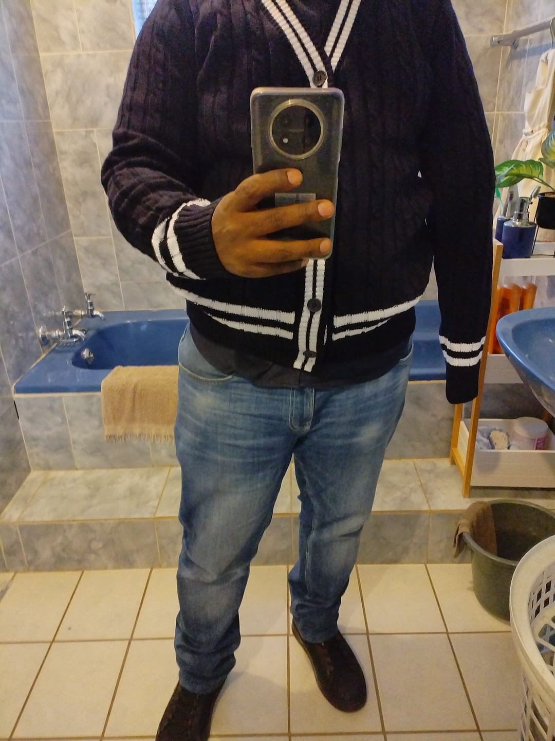 Customer photo review of Navy Blue & White Tennis Cardigan