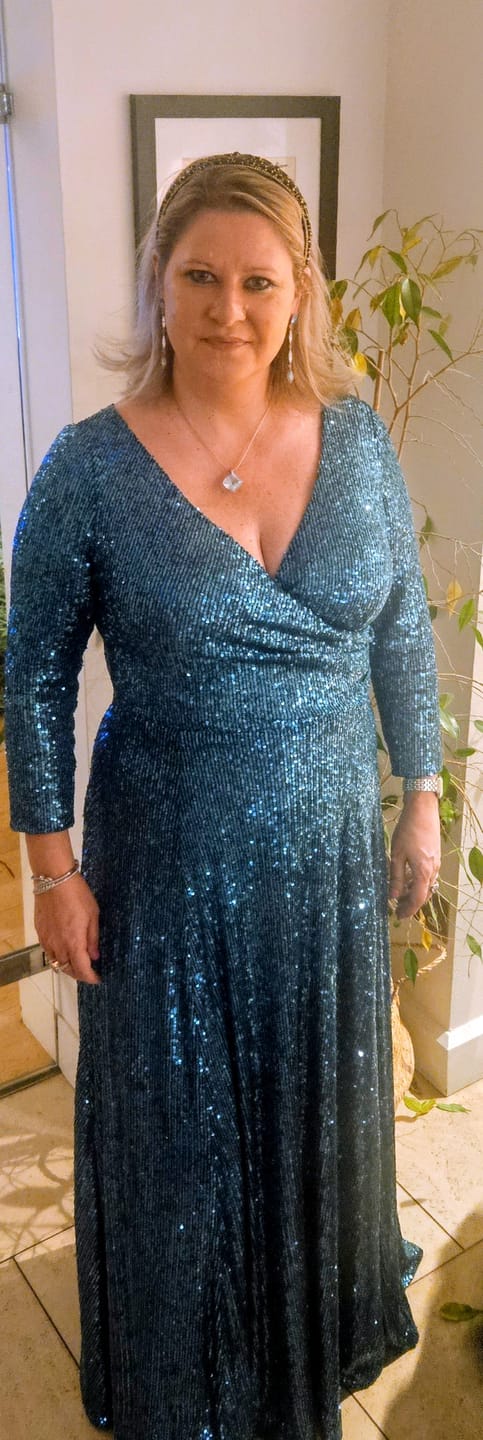 Customer photo review of Aqua Sequin 'Swing' Dress