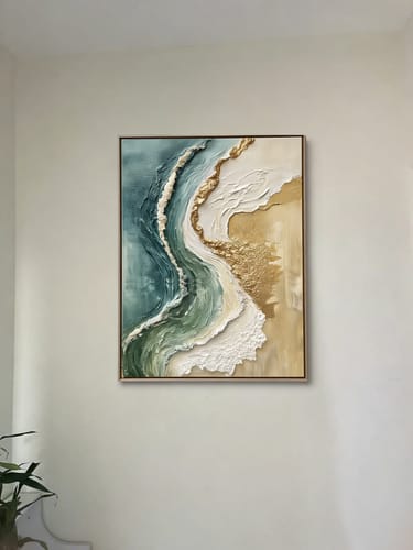 Customer photo review of Tide of Gold – Plaster Art Texture Painting Luxurious Modern Coastal 3D Textured Beach Wall Art