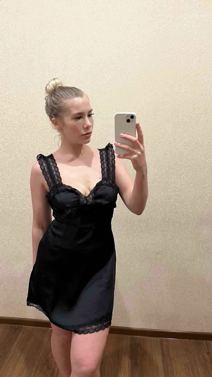 Customer photo review of Lyra Satin Mini Dress with Lace Detail
