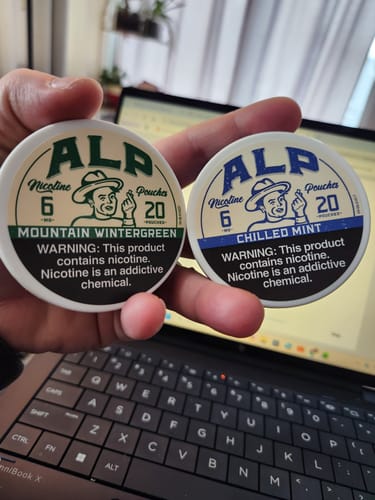 Reviewer holding tins of ALP Mountain Wintergreen and Chilled Mint nicotine pouches over a laptop.