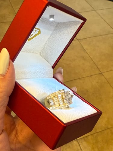 Customer shows the beautiful 14k Square CZ Women Ring in a lighted presentation box.