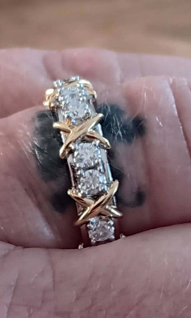 Customer photo review of Alternating Round Moissanite And Golden Xs Eternity Wedding Band Ring