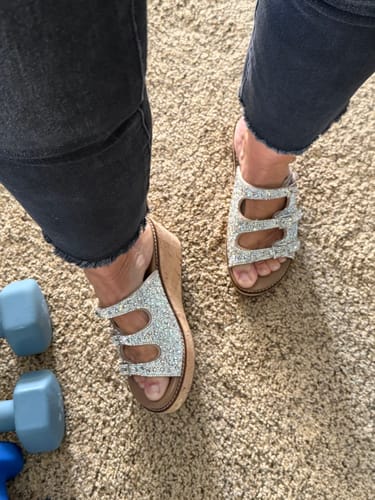 Customer wearing the sparkly Corky's Rhinestone Don't Mind Me Wedges with dark jeans, viewed from above.