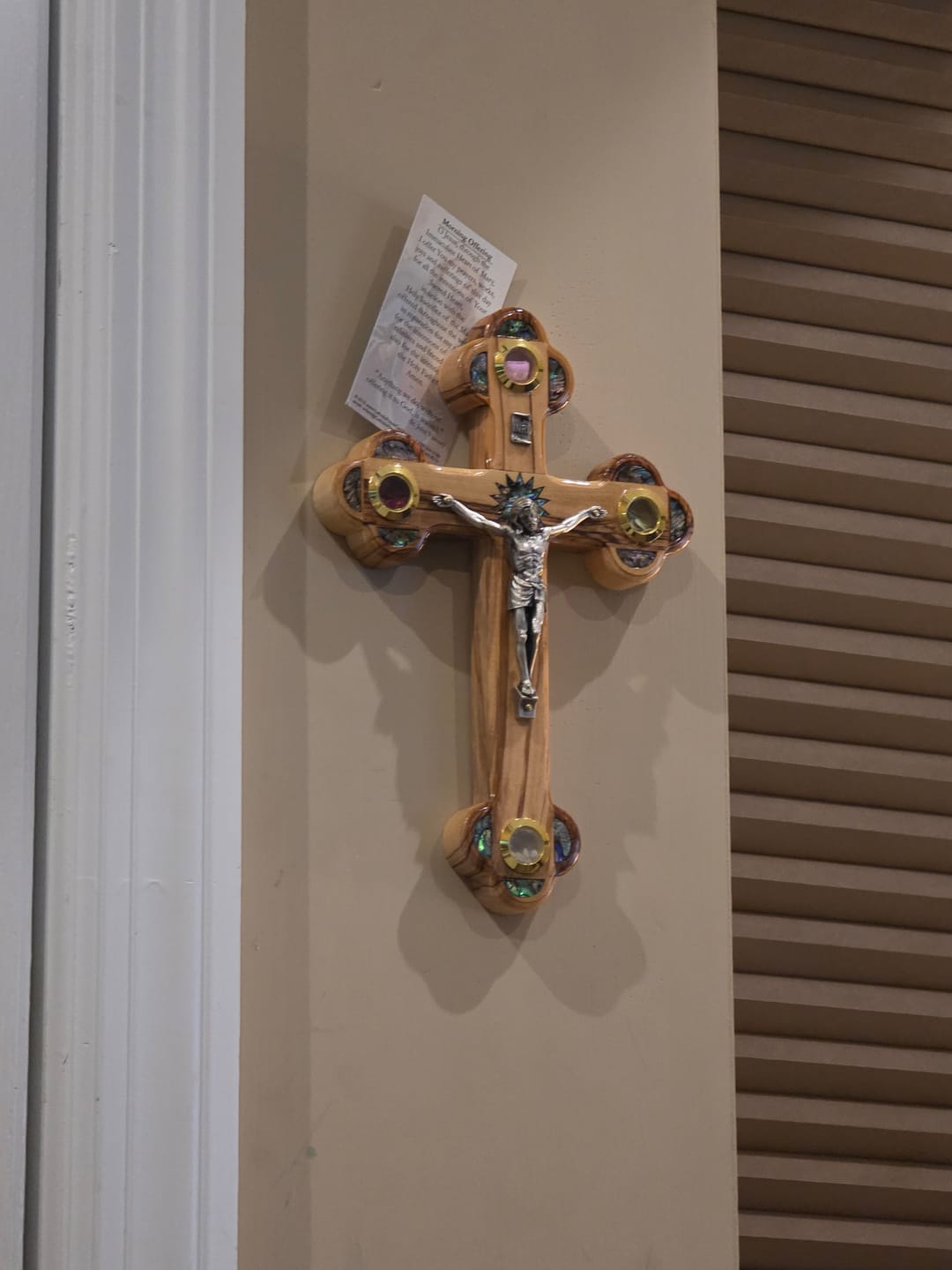 Customer photo review of Olive Wood Crucifix (Partially covered with Mother of Pearl) - Holy Land Crucifixes