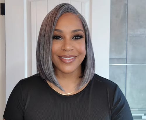 Customer photo review of Luvwin 5x5 Salt And Pepper Glueless Gray Color Pre-Cut Lace Straight Bob Wig For Black Women