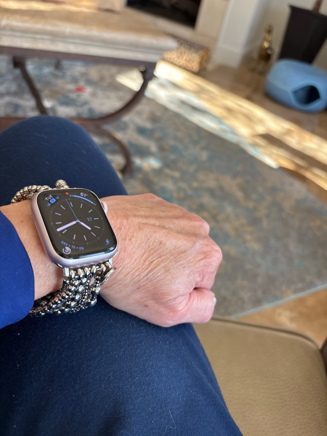 Customer photo review of Platinum Demure Stretch Apple Watch Strap