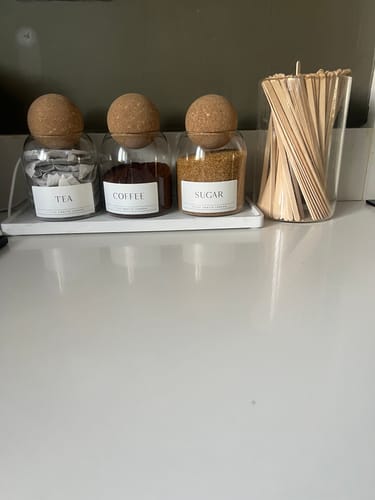 Customer photo review of Set of 3 Cork Ball Glass Jars - Tea, Coffee and Sugar 500ml with Long Tray