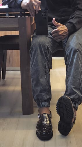 Customer photo review of Veneto Sandal - Dark Brown Polished Leather (Eva Combat)