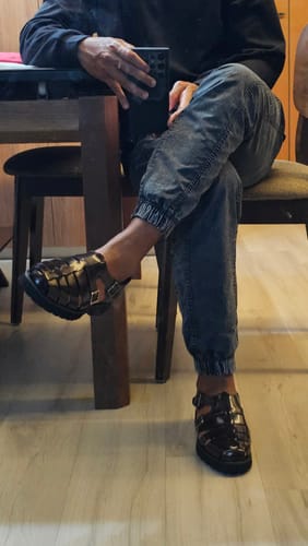 Customer photo review of Veneto Sandal - Dark Brown Polished Leather (Eva Combat)