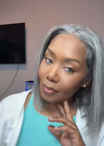 Customer photo review of Luvwin 5x5 Salt And Pepper Glueless Gray Color Pre-Cut Lace Straight Bob Wig For Black Women