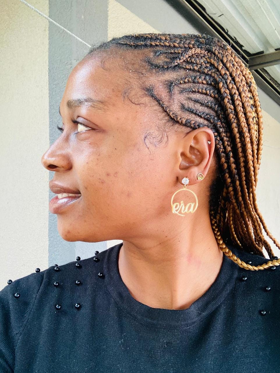 Customer photo review of Gold Era Halo Mini Drop Hoops ✨