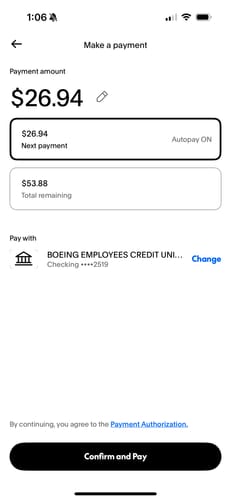 Customer's screenshot of a payment screen for a purchase.