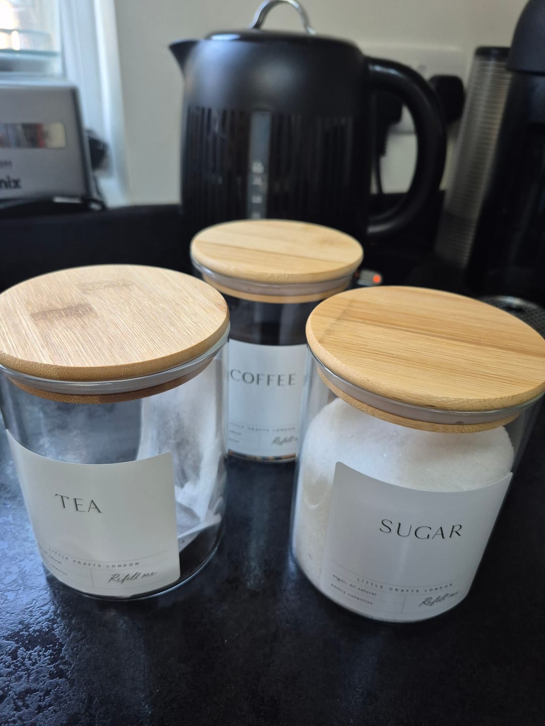 Customer photo review of Set of 3 Glass Jars with Bamboo Lid - Tea, Coffee and Sugar 800ml [Large Label]