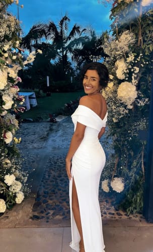 Customer photo review of Sweetheart Satin Trumpet Mermaid Off The Shoulder With Slit