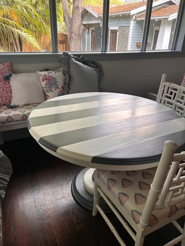 Close-up of a reviewer's round table painted with wide, even stripes of white and dark steel blue Miracle Paint.