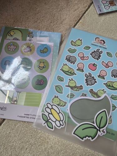 Customer's Sticker Subscription showing the 'Cute Critters' theme with various sticker sheets and die-cut stickers.