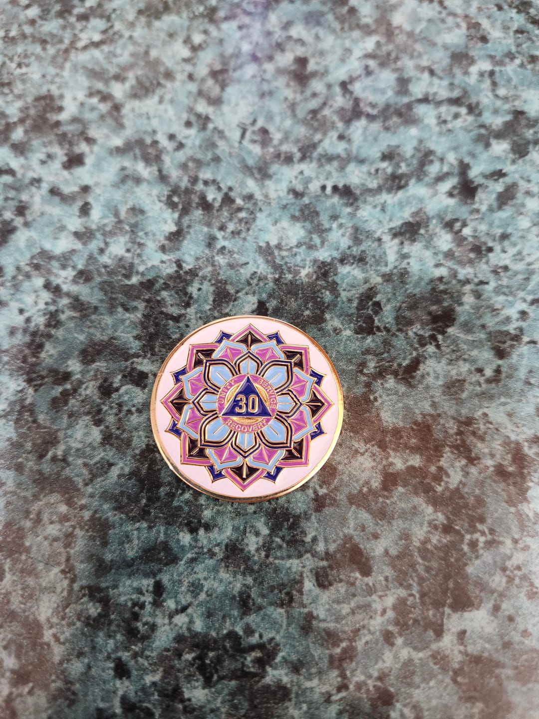 Customer photo review of 30 Year Sobriety Mint 'In Bloom' Lotus Flower Gold Plated AA Recovery Medallion - Thirty Year Chip/Coin - White